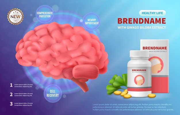 Gehirnmedizin, die realistische Zusammensetzung des Bildes des menschlichen Gehirns und des Drogenpakets mit editable Markennamenillustration annonciert