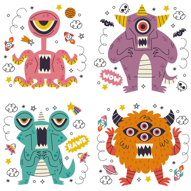 Kostenlose Vektor gekritzel-handgezeichnete monster-aufkleber-sammlung
