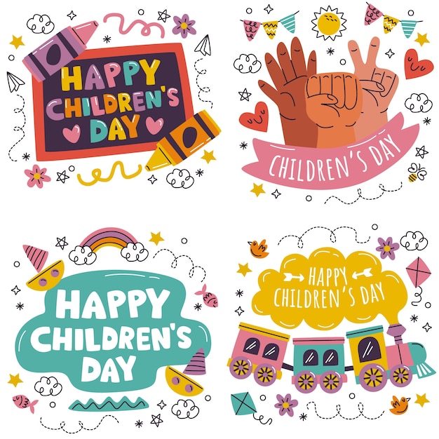 Kostenloser Vektor gekritzel-handgezeichneter kindertag-sticker-set