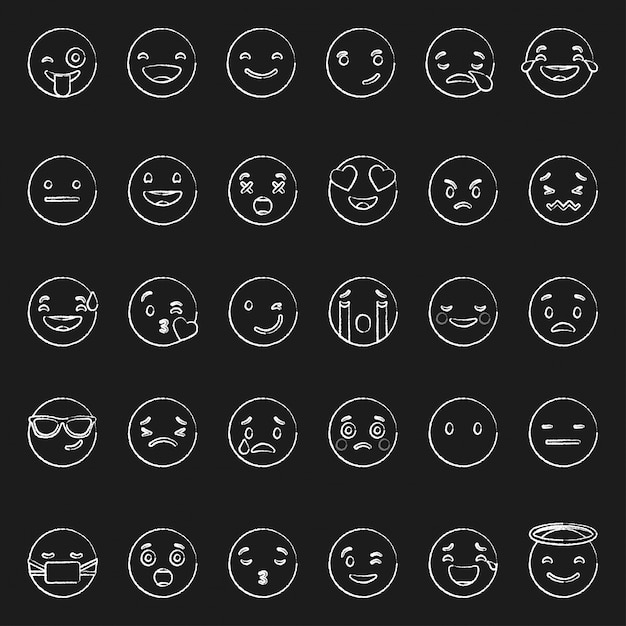 Kostenloser Vektor gekritzel weiße emoticons mit verschiedenen emotionen auf schwarzem hintergrund vektor-satz von verschiedenen handdrawn umriss niedlichen ausdrücken