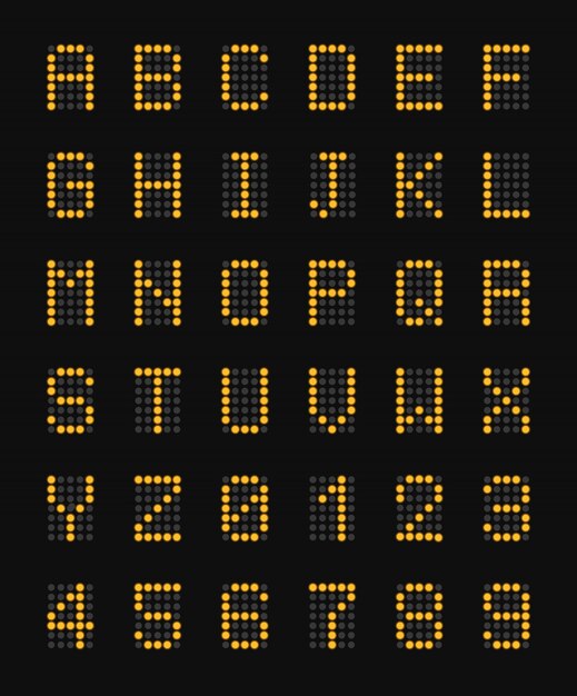 Gelbe elektronische Großbuchstaben des Alphabets auf realistischer Zusammensetzung und Zahlenillustration des schwarzen Flughafenbretts