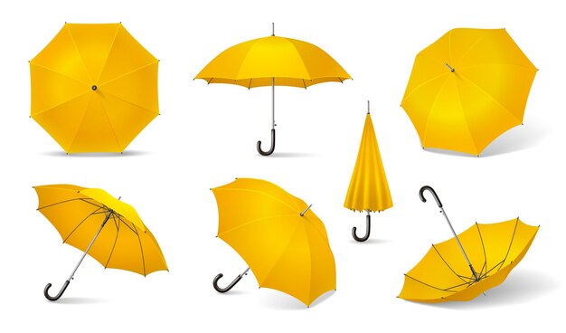 Gelbes isoliertes und realistisches Regenschirmsymbol stellte sieben verschiedene Positionen der gelben Regenschirmillustration ein