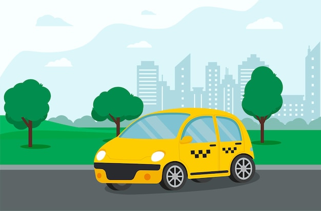 Gelbes taxi. hände mit smartphone und taxi-app in der stadt. taxi-service-konzept. vektor-illustration im flachen stil eps 10