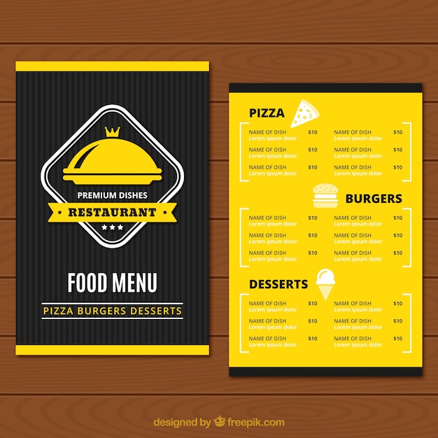 Kostenloser Vektor gelbes und schwarzes restaurantmenü