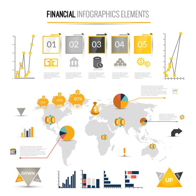 Geld Finanzen Geschäft Infografik mit finanziellen Ikonen und Weltkarte auf Hintergrund Vektor-Illustration