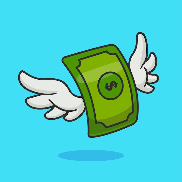 Kostenlose Vektor geld mit flügeln zeichentrickfilms vektor-ikonen illustration finanzen urlaubs-iconen isolierte flache vektor