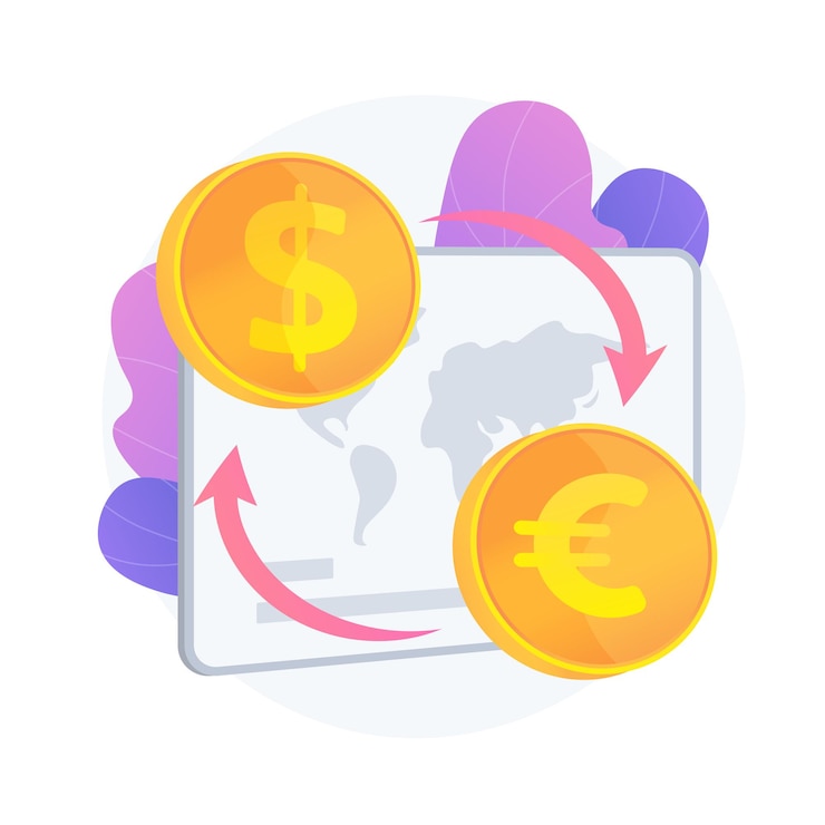 Kostenlose Vektor geldwechselservice. geldtransfer, umtausch von dollar in euro, kauf und verkauf von ausländischem geld. goldene münzen mit eu- und us-währungssymbolen. vektor isolierte konzeptmetapherillustration