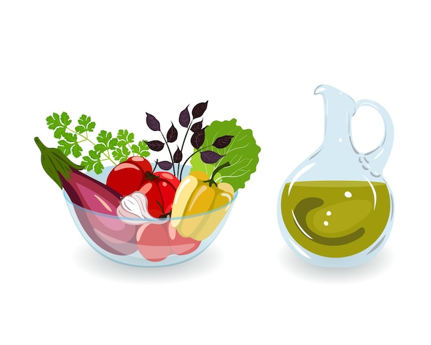 Gemüse-set für salat und olivenöl tomaten-paprika-auberginen und kräuter in einer glasschüssel