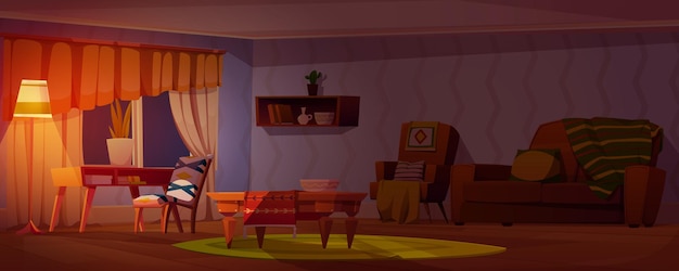 Kostenloser Vektor gemütliches wohnzimmer mit vintage-interieur cartoon-vektor-illustration eines dunklen abendzimmers mit kissen und decke auf sofa, tisch und stuhl große fenster mit vorhängen und licht von der fußbodenlampe