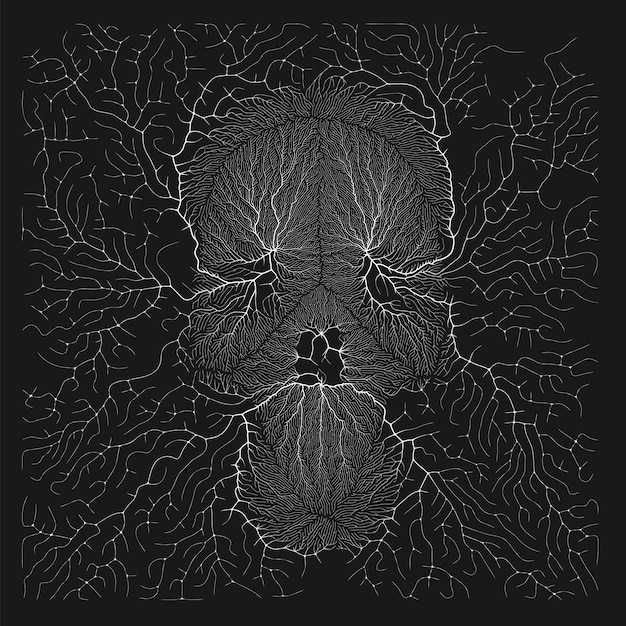 Kostenloser Vektor generative vektor-schwarz-weiß-illustration des menschlichen schädels konzept des verfahrensbedingten knochenwachstums mit venenhintergrund