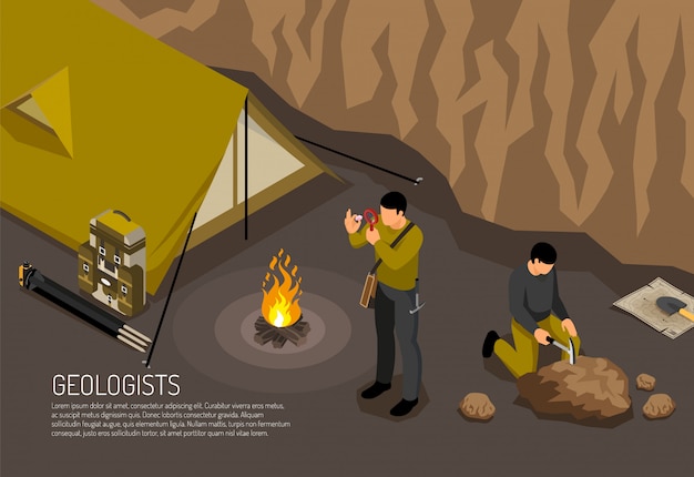 Geologen erforschen feldarbeitslager horizontale isometrische zusammensetzung mit zelt lagerfeuer gesteinsproben exploration handwerkzeuge kit vektor-illustration