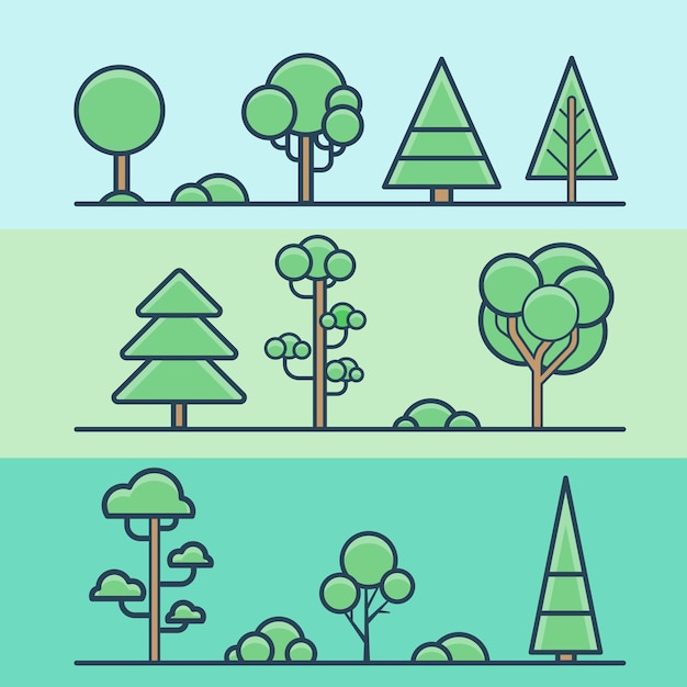 Kostenloser Vektor geometrisches buntes naturset des baumbuschparkwaldes. flache stilikonen mit linearem strichumriss. farblineare symbolsammlung.