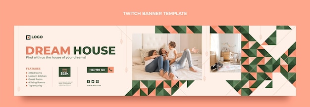 Kostenloser Vektor geometrisches immobilien-twitch-banner des flachen designs