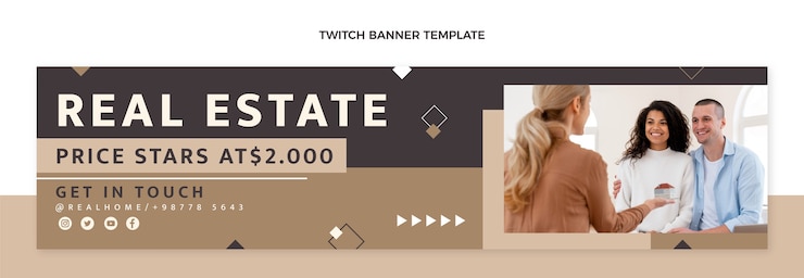 Kostenlose Vektor geometrisches immobilien-twitch-banner des flachen designs