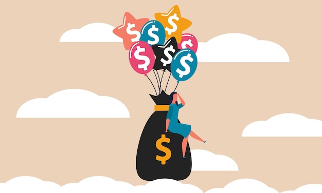 Geschäftsdividenden sind die währung der anleger frau fliegt auf einer tüte geld in ballons