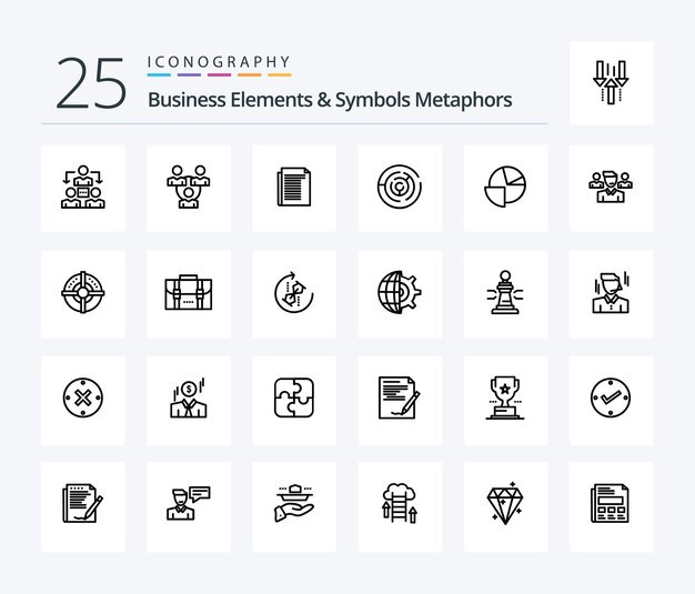 Geschäftselemente und Symbole Metaphern 25-Zeilen-Icon-Pack einschließlich Team-Puzzle-Diagrammpunkt