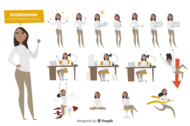 Kostenloser Vektor geschäftsfrau, die verschiedene aktionen durchführt