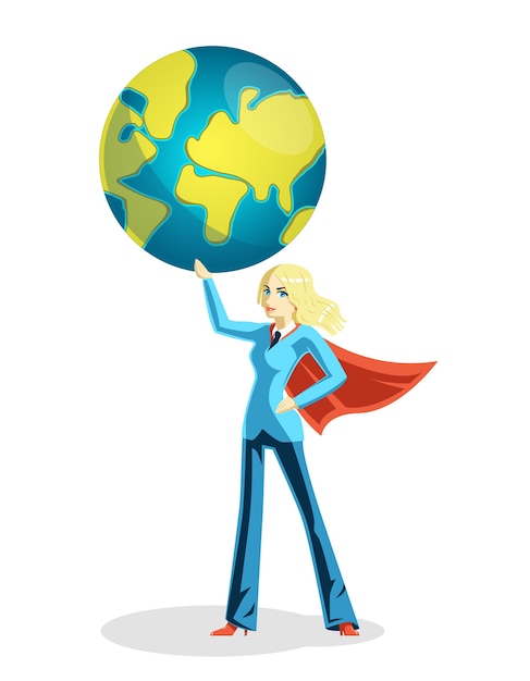 Geschäftsfrau, die Weltkugel hält. Person und globales Mädchen im Umhang, Vektorillustration