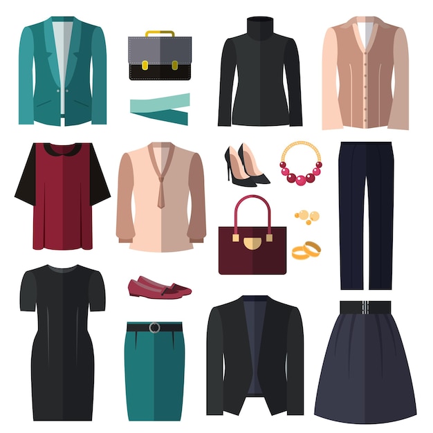 Geschäftsfrau Kleidung und Accessoires Set. Elegante Mode kleiden sich für Business-Stil.