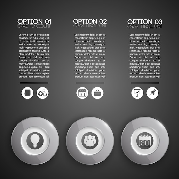 Kostenloser Vektor geschäftsinfografik mit glasgrauen runden knöpfen drei optionen und ikonen
