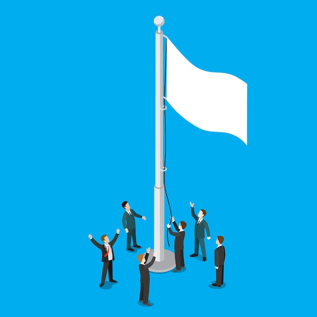 Geschäftsleute, die weiße leere Flagge auf Fahnenmastfahnenmast flach isometrisch erheben
