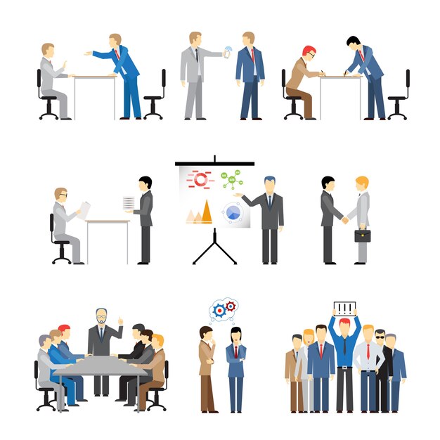 Geschäftsleute in verschiedenen Posen für Teamarbeit, Meetings und Konferenzen.