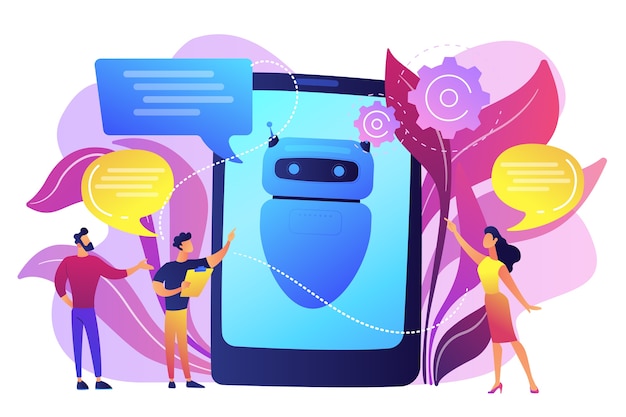 Kostenloser Vektor geschäftsleute kommunizieren mit der chatbot-anwendung. künstliche intelligenz des chatbots, talkbots-service, konzept zur unterstützung interaktiver agenten. helle lebendige violette isolierte illustration