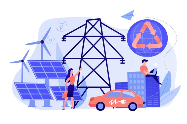 Geschäftsleute nutzen saubere erneuerbare elektrische Energie in der Stadt