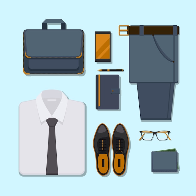 Geschäftsmann lässiges Outfit. Zubehörgürtel mit Hose, Brille und Smartphone, Stift und Brieftasche.