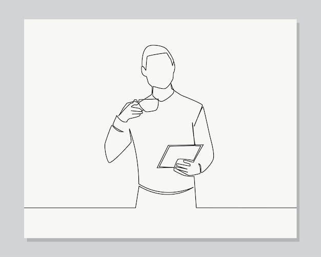Geschäftsmann mit digitaler tablette und tasse kaffee kontinuierliche einzeilige illustration