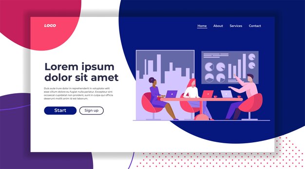Kostenloser Vektor geschäftsteam, das die landingpage-vorlage des projekts bespricht