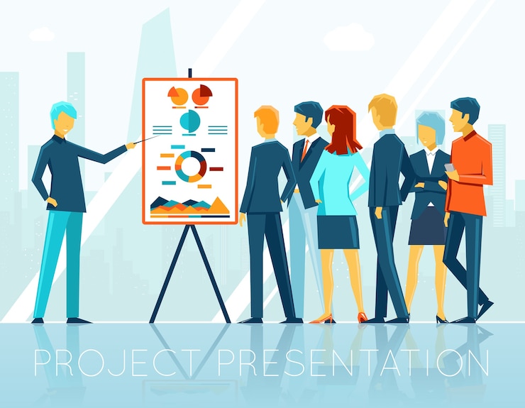 Kostenlose Vektor geschäftstreffen, projektpräsentation. personen- und unternehmensseminar, team und gruppe, vektorillustration