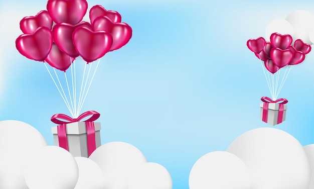 Geschenkboxen mit schwebendem ballon des herzens Premium Vektoren