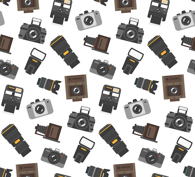 Geschenke und Ausrüstung für Fotografen wickeln nahtloses Papiermuster mit moderner und Retro- Kamera ein