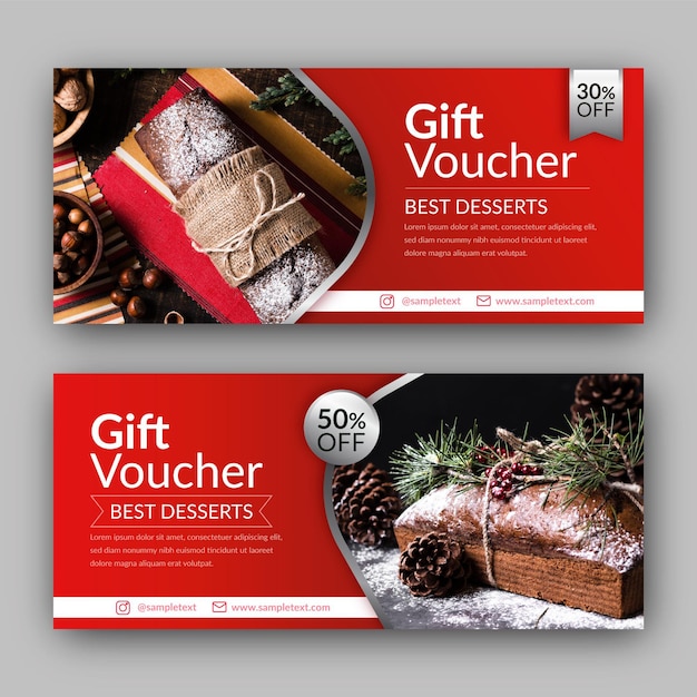 Kostenloser Vektor geschenkgutscheinvorlage mit dessertfoto