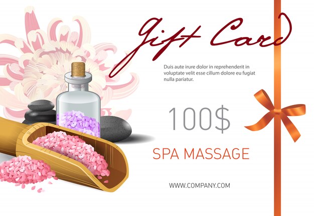 Geschenkkarte, Spa Massage Schriftzug und Salz in Schaufel. Spa Salon Geschenkgutschein