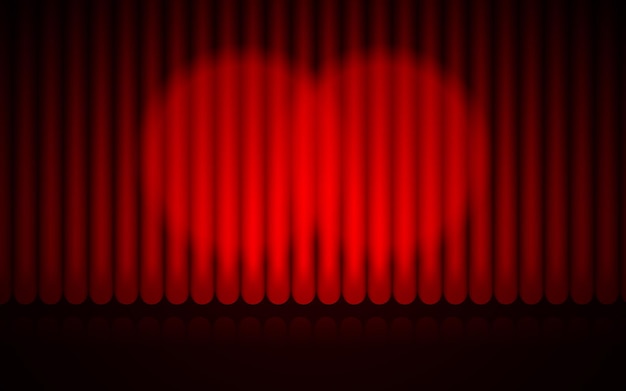 Kostenloser Vektor geschlossener roter vorhang bühnenhintergrund scheinwerferstrahl beleuchtet theatervorhänge