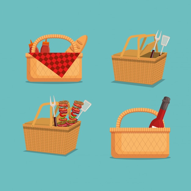 Kostenloser Vektor gesetzte ikonen der picknick-party einladung