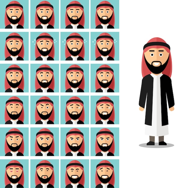 Gesicht emotionen des arabischen mannes. arabische muslime traurig oder wütend, avatar ausdruck gefühl illustration. vektorsatz im flachen stil