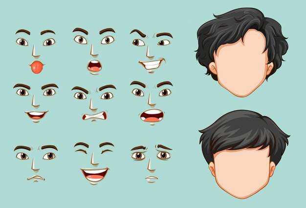 Gesichtsloser Mann und verschiedene Gesichter mit Emotionen