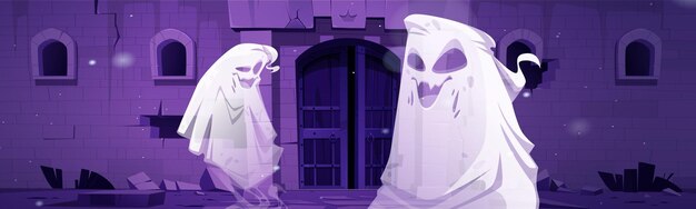 Gespenstische Geister in der Nähe von verlassenen Burgtoren in der Nacht