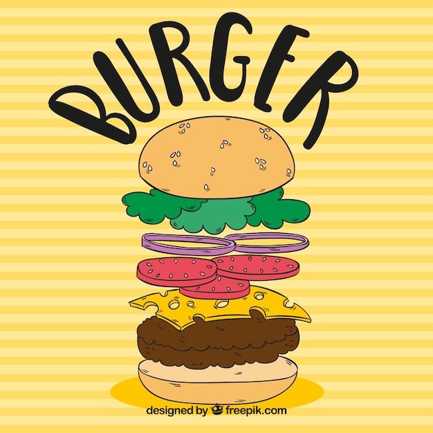 Kostenloser Vektor gestreifter hintergrund mit handgezeichnetem hamburger