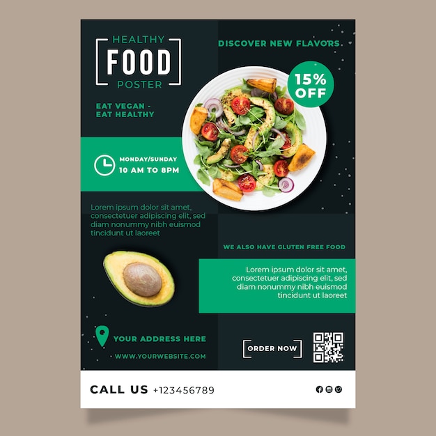 Kostenloser Vektor gesunde lebensmittel restaurant flyer vorlage mit foto
