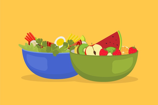 Gesunde Obst- und Salatschüsseln
