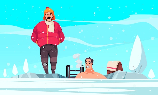 Kostenloser Vektor gesunder lebensstil-cartoon-hintergrund mit mann, der in der flachen vektorillustration des winters in eisloch eintaucht