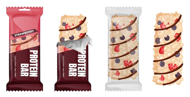 Kostenloser Vektor gesundes proteinriegel-verpackungsset mit vier isolierten draufsichtbildern verpackter und ganzer snacks, vektorillustration