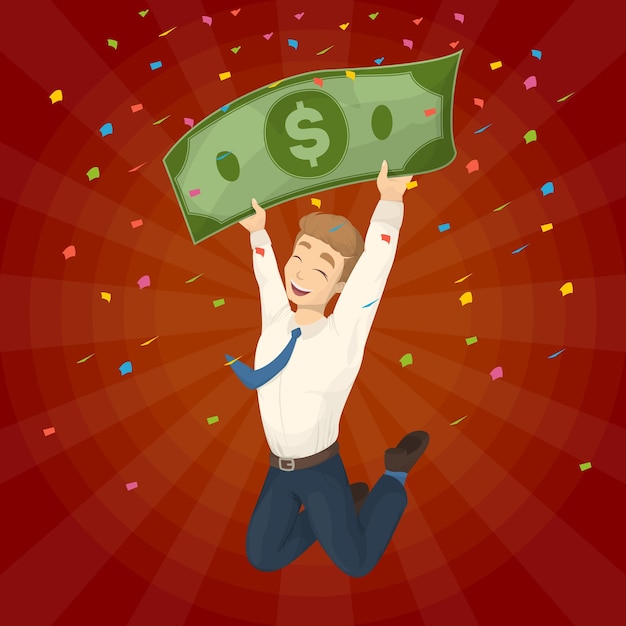 Kostenloser Vektor gewinnen der lotterie mann mit großer dollarbanknote glücklicher springender mann