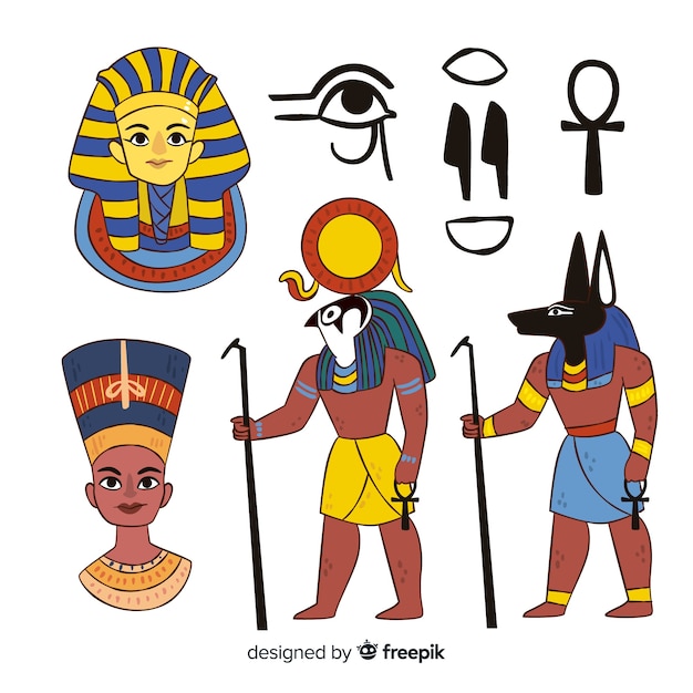 Gezeichnete art ägyptens symbole und gezeichnete sammlung der götter in der hand