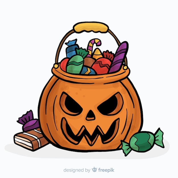 Kostenloser Vektor gezeichnete art der halloween-süßigkeitsrückseitenzusammensetzung in der hand