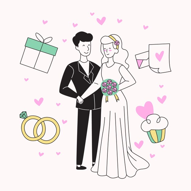 Gezeichnete Art der Hochzeitspaare in der Hand